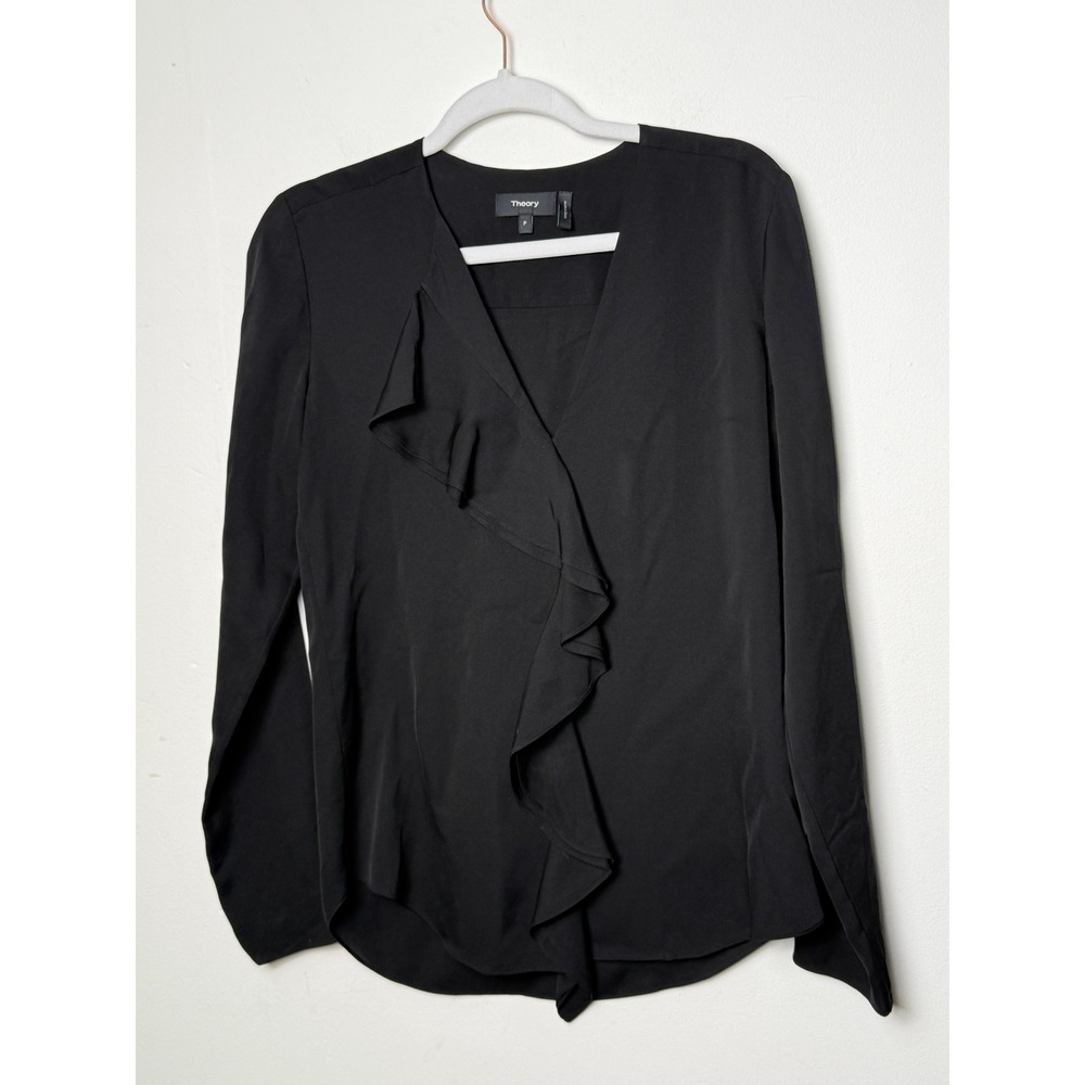 Theory Jastrid Black 100% Silk Ruffle V-Neck Blouse Size P
